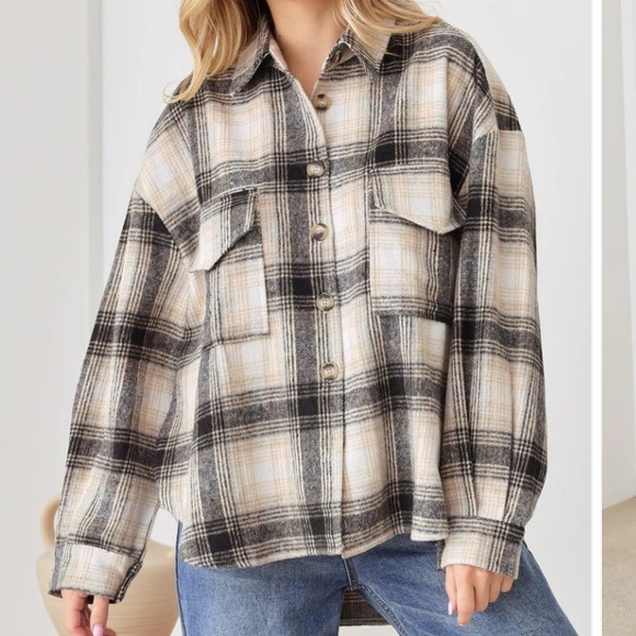 Miou Muse Tops - Black tan and cream plaid long sleeve button down oversize shirt shacket jacket